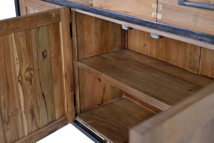 GINER Y COLOMER Buffet en teck et bois de manguier avec métal, couleur naturel, 8 tiroirs et 3 portes, 110 x 140 x 40 cm