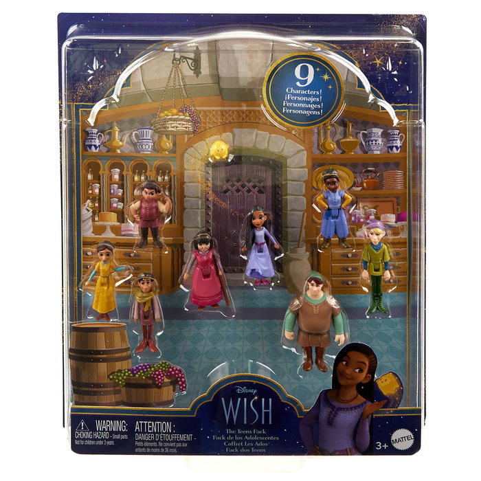 Mattel Pack de 9 Figurines Disney Wish avec Star - Figurines Asha, Dahlia, Dario, Safi, Bazeema, Simon, Hal, Gabo et Star - Version Multilingue (Français)