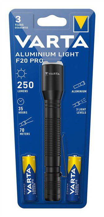 Varta Aluminium Light F20 Pro - Lampe torche en aluminium robuste, avec mécanisme de focalisation réglable, fonctionne avec 2 piles AA