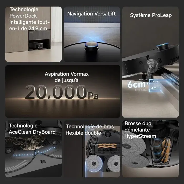 Dreame X50 Master Robot aspirateur laveur avec base 8-en-1, navigation 3DAdapt AI, franchissement 6 cm, serpillière à eau chaude, lampe UV, 20 000 Pa