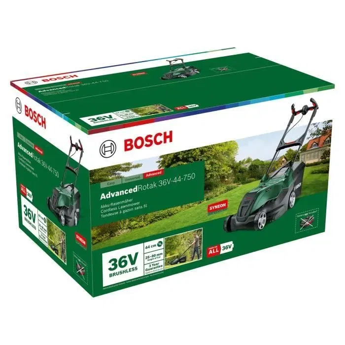 Bosch Tondeuse sans fil 36V - 44-750 - Largeur de coupe 44 cm - Technologie Syneon - Compatible batteries POWER FOR ALL 36V - Sans batterie ni chargeur Bosch Tondeuse sans fil 36V - 44-750 - Largeur de coupe 44 cm - Technologie Syneon - Compatible batteries POWER FOR ALL 36V - Sans batterie ni chargeur