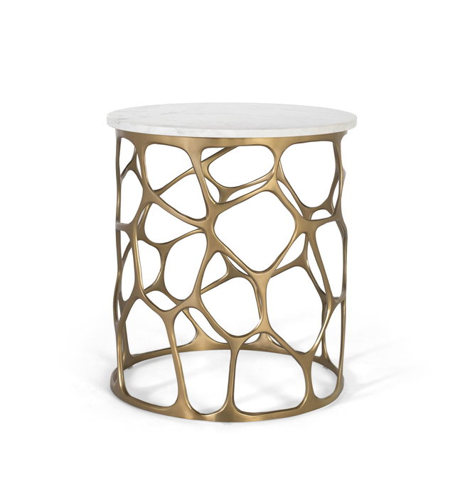 GINER Y COLOMER - Table basse ronde en marbre blanc et aluminium doré, base en métal tissé, fabriquée à la main GINER Y COLOMER - Table basse ronde en marbre blanc et aluminium doré, base en métal tissé, fabriquée à la main