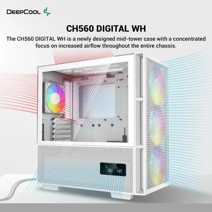Deepcool CH560 DIGITAL - Boitier PC Blanc Moyen Tour sans Alimentation - Format E-ATX - Compatible ATX/Micro-ATX/Mini-ITX - 3 Ventilateurs ARGB 140mm et 1 ARGB 120mm