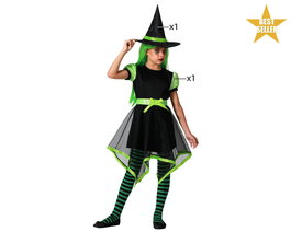 Déguisement Enfant de Sorcière - Robe Courte Verte avec Jupon Asymétrique et Chapeau Pointu - Taille 10-12 Ans - Pour Halloween, Fêtes et Carnavals