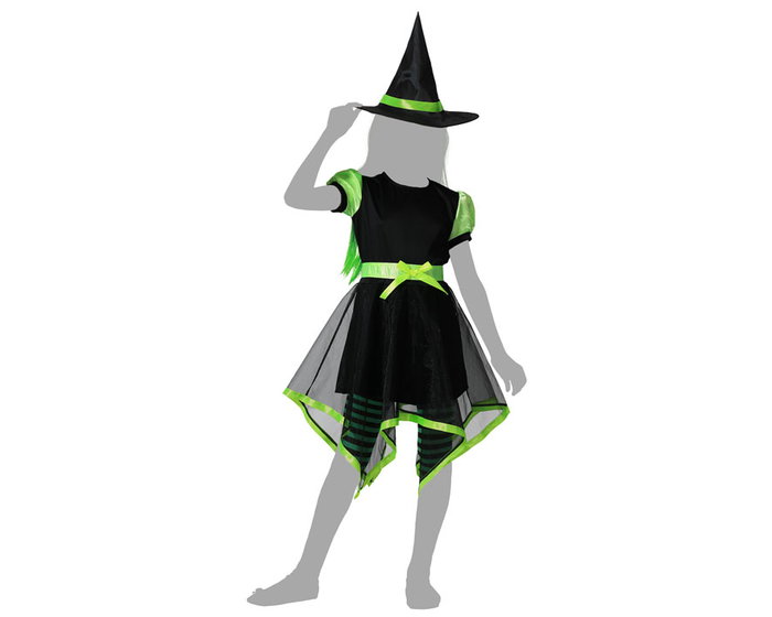 Déguisement Enfant de Sorcière - Robe Courte Verte avec Jupon Asymétrique et Chapeau Pointu - Taille 10-12 Ans - Pour Halloween, Fêtes et Carnavals