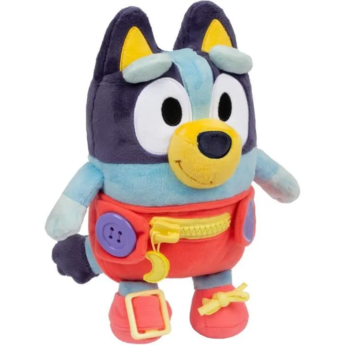 Bluey Peluche d'éveil et d'activités Bébé avec fermetures à lacets, boutons et zip pour apprendre l'habillement et la motricité fine - 25 cm
