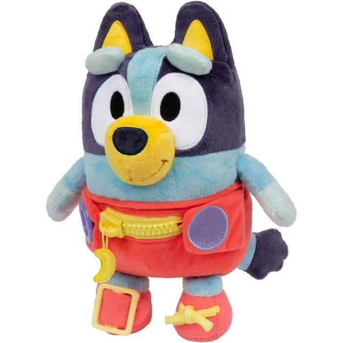 Bluey Peluche d'éveil et d'activités Bébé avec fermetures à lacets, boutons et zip pour apprendre l'habillement et la motricité fine - 25 cm