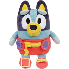 Bluey Peluche d'éveil et d'activités Bébé avec fermetures à lacets, boutons et zip pour apprendre l'habillement et la motricité fine - 25 cm