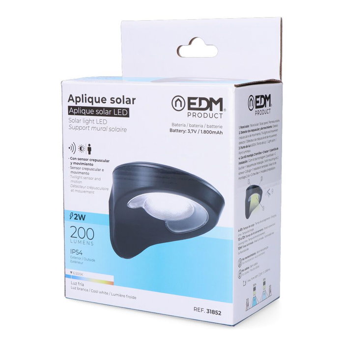 Edm Aplique solaire 2W 200lm 6500K avec capteur couleur noir, 31 LEDs, batterie lithium 1800mAh Edm Aplique solaire 2W 200lm 6500K avec capteur couleur noir, 31 LEDs, batterie lithium 1800mAh