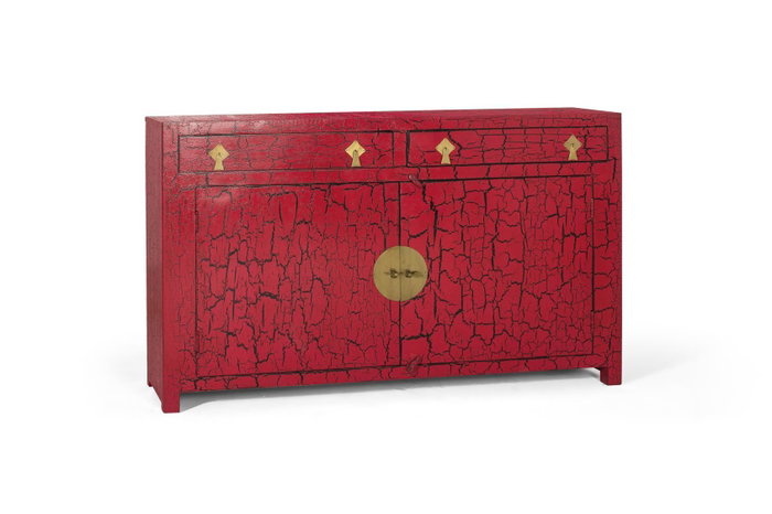 Buffet japonais en bois de manguier et MDF rouge laqué avec finition usée et ferrures dorées - 150x40x90 cm