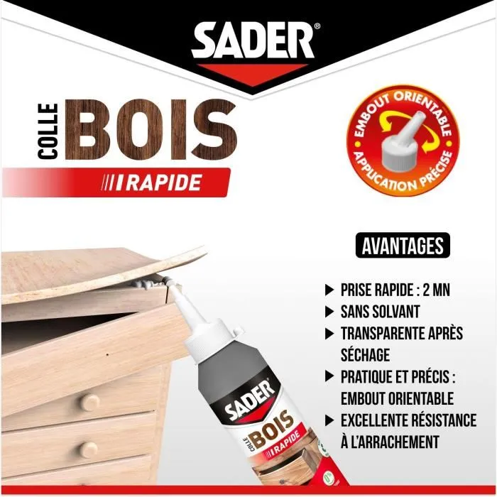 Sader - Colle à bois prise rapide 2 min, pour tous les bois intérieur, transparente, résistante à +70°C, biberon 100 g Sader - Colle à bois prise rapide 2 min, pour tous les bois intérieur, transparente, résistante à +70°C, biberon 100 g