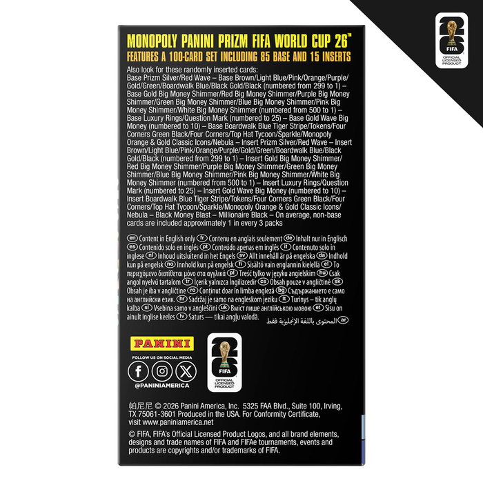 Monopoly Booster Pack 24 cartes Panini Prizm FIFA World Cup avec légendes et stars actuelles