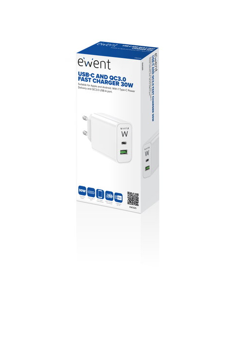 Ewent EW1325 Chargeur Rapide USB-C et QC3.0 30W Power Delivery pour iPhone 15/14 et Android Ewent EW1325 Chargeur Rapide USB-C et QC3.0 30W Power Delivery pour iPhone 15/14 et Android