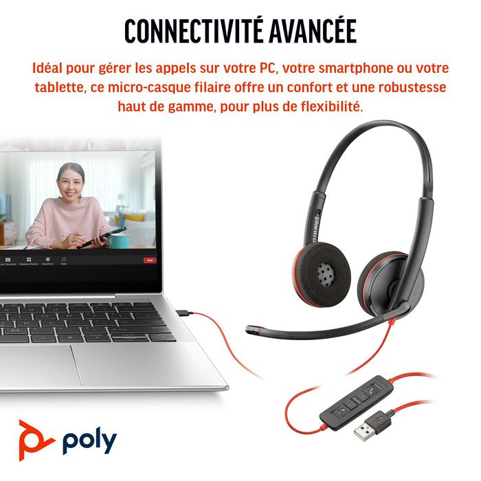 Poly Casque de bureau monoauriculaire Blackwire C3220 USB-C avec micro flexible - Pour téléconférence et musique