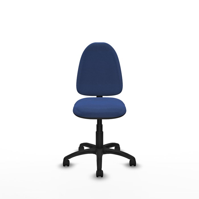 Chaise de bureau Aýna avec mécanisme de contact permanent de base, rembourrée de tissu bleu marine. Équipée d'une base en polyamide noir, sans accoudoirs et de roulettes en nylon de 50 mm