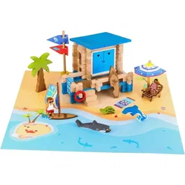 Jeujura Jeu de Construction en Bois Naturel Journée à la Plage - 120 Pièces avec Tapis, Poste de Secours, Planche à Voile, Dauphin et Accessoires