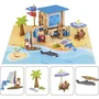 Jeujura Jeu de Construction en Bois Naturel Journée à la Plage - 120 Pièces avec Tapis, Poste de Secours, Planche à Voile, Dauphin et Accessoires