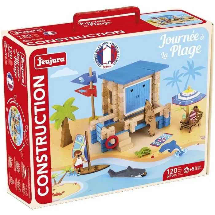 Jeujura Jeu de Construction en Bois Naturel Journée à la Plage - 120 Pièces avec Tapis, Poste de Secours, Planche à Voile, Dauphin et Accessoires