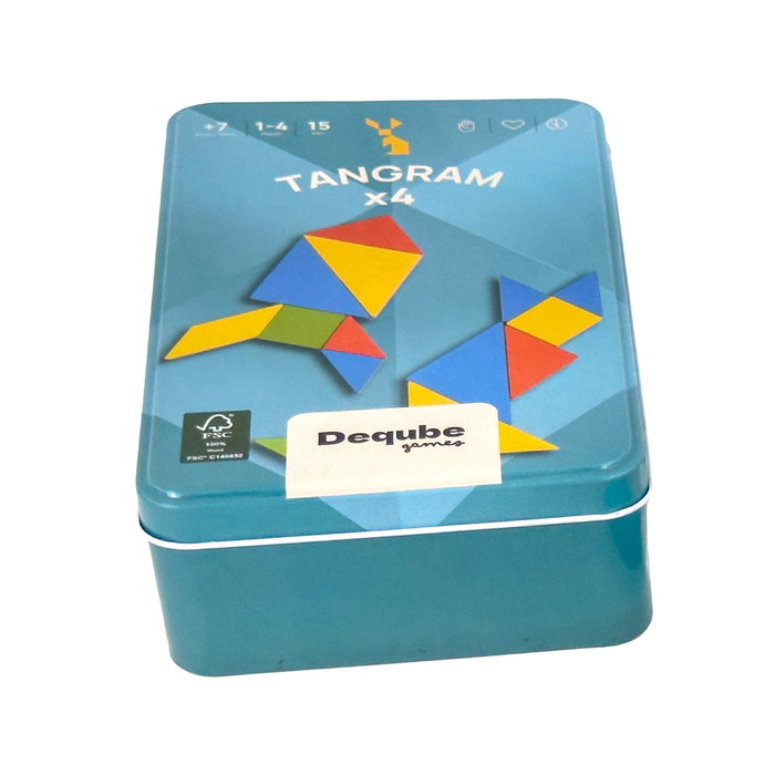DEQUBE D00324 - Jeu éducatif de 4 Tangrams en bois FSC dans boîte métallique, pour créativité et logique, recommandé dès 5 ans