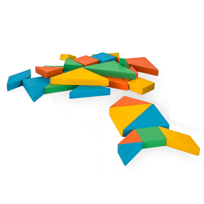 DEQUBE D00324 - Jeu éducatif de 4 Tangrams en bois FSC dans boîte métallique, pour créativité et logique, recommandé dès 5 ans