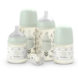 Suavinex - Set Nouveau-Né Birdies 0-6 Mois Vert - 1 Sucette SX Pro et 4 Biberons en Silicone Souple (2x150ml + 2x270ml)