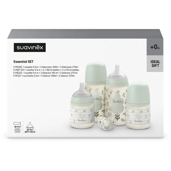 Suavinex - Set Nouveau-Né Birdies 0-6 Mois Vert - 1 Sucette SX Pro et 4 Biberons en Silicone Souple (2x150ml + 2x270ml)