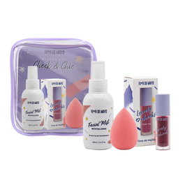 Flor De Mayo Kit de Beauté Joues & Chic Étui 4 Pièces - Brume Visage, Blush Liquide, Éponge Maquillage