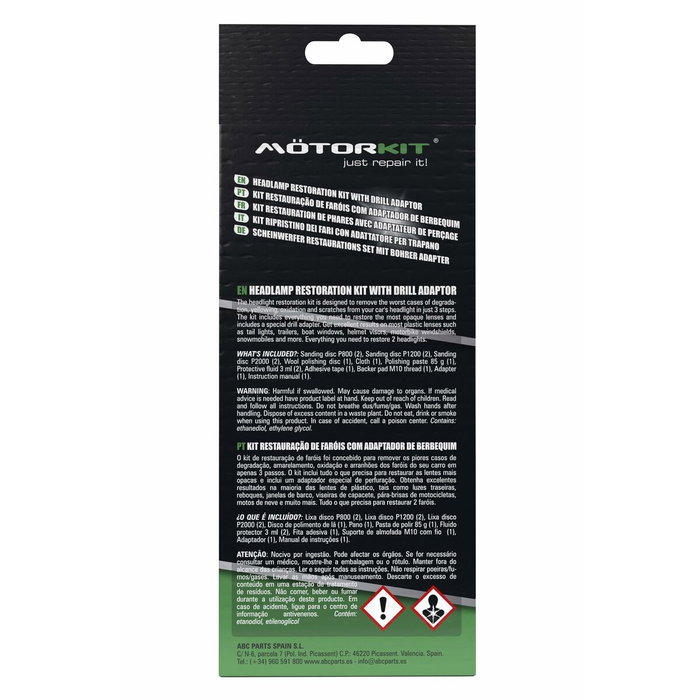 Motorkit Cs6 MOT1005 Kit de Restauration de Phares avec Adaptateur pour Perceuse pour Voitures, Remorques, Motos - Comprend Disques de Ponçage, Pâte de Polissage et Protecteur