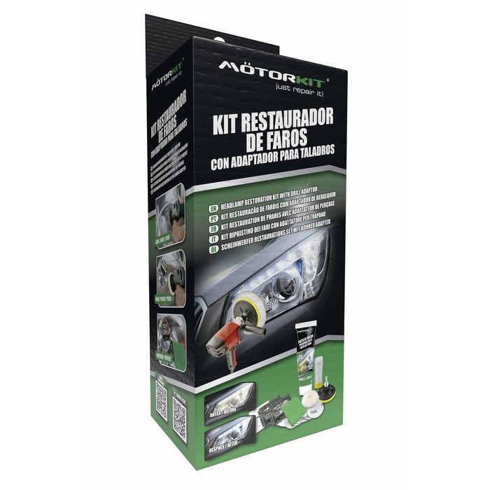 Motorkit Cs6 MOT1005 Kit de Restauration de Phares avec Adaptateur pour Perceuse pour Voitures, Remorques, Motos - Comprend Disques de Ponçage, Pâte de Polissage et Protecteur