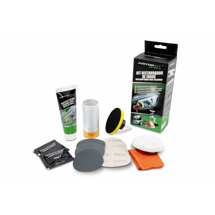 Motorkit Cs6 MOT1005 Kit de Restauration de Phares avec Adaptateur pour Perceuse pour Voitures, Remorques, Motos - Comprend Disques de Ponçage, Pâte de Polissage et Protecteur