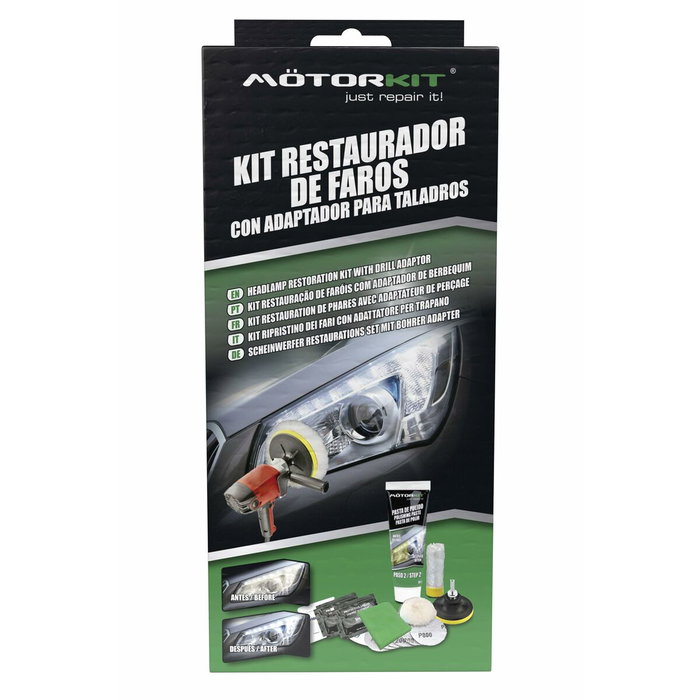 Motorkit Cs6 MOT1005 Kit de Restauration de Phares avec Adaptateur pour Perceuse pour Voitures, Remorques, Motos - Comprend Disques de Ponçage, Pâte de Polissage et Protecteur
