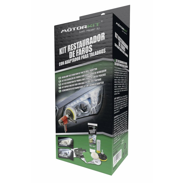 Motorkit Cs6 MOT1005 Kit de Restauration de Phares avec Adaptateur pour Perceuse pour Voitures, Remorques, Motos - Comprend Disques de Ponçage, Pâte de Polissage et Protecteur