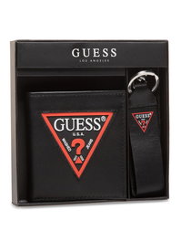 Guess - Coffret Cadeau Portefeuille Homme & Porte-clés - Portefeuille Daelon en Cuir Petit Format Rouge/Noir + Porte-clés Guess en Cuir Noir