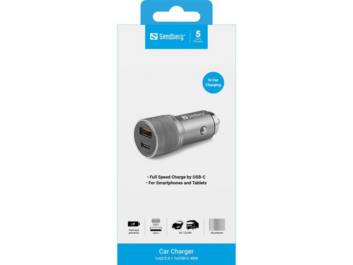 Sandberg Chargeur Allume-Cigare Voiture 48W avec 1 Port USB-C et 1 Port Quick Charge 3.0 pour Smartphones et Tablettes - Recharge Ultra-Rapide