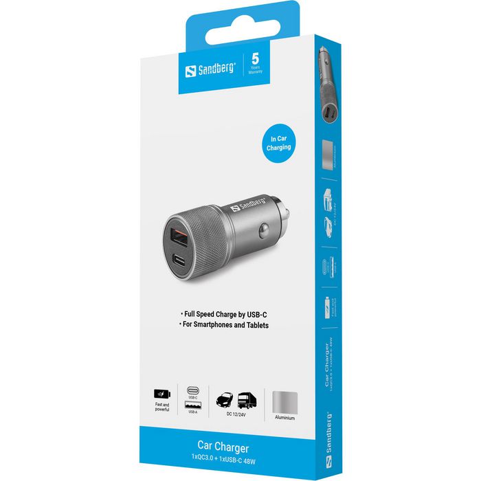 Sandberg Chargeur Allume-Cigare Voiture 48W avec 1 Port USB-C et 1 Port Quick Charge 3.0 pour Smartphones et Tablettes - Recharge Ultra-Rapide