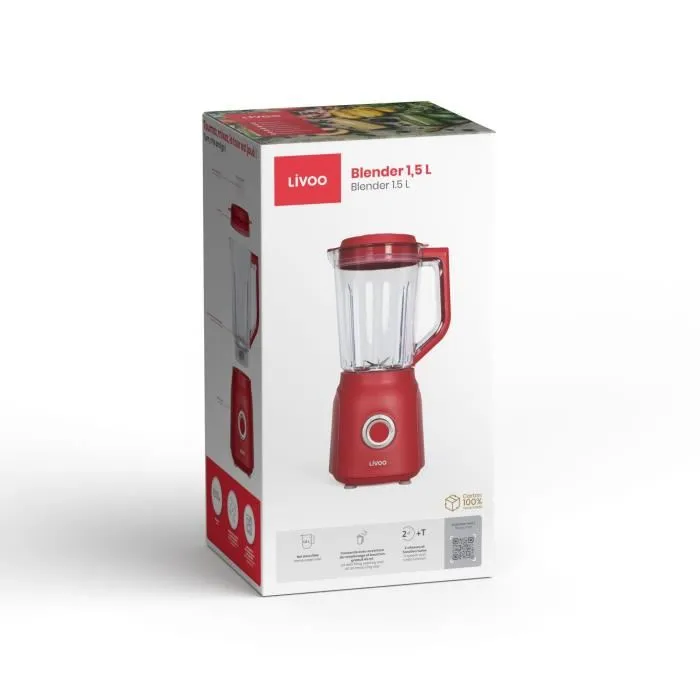 Livoo DOP242R Blender 1,5 L 600W 2 vitesses + Turbo Rouge chili / Transparent - Lames en acier inoxydable, couvercle gradué