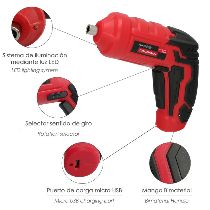 WOLFPACK LINEA PROFESIONAL Atornillador 4V avec LED et 5 pièces WOLFPACK LINEA PROFESIONAL Atornillador 4V avec LED et 5 pièces