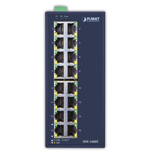 Planet ISW-1600T Commutateur Ethernet industriel 16 ports 10/100TX Fast Ethernet, boîtier métallique IP30, alimentation large 12-48V DC