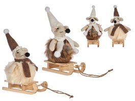 Krist+ Décoration de Noël Souris sur Traîneau Assortiments Bois Tissu Gris Blanc 6x20x14 cm (Set de 12)