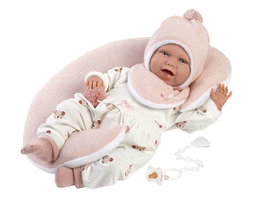 Poupée Mimi Sonrisas avec robe oursons lune rose 42 cm corps en tissu - Langue espagnole - Jeu éducatif et sonore - Marque : Llorens