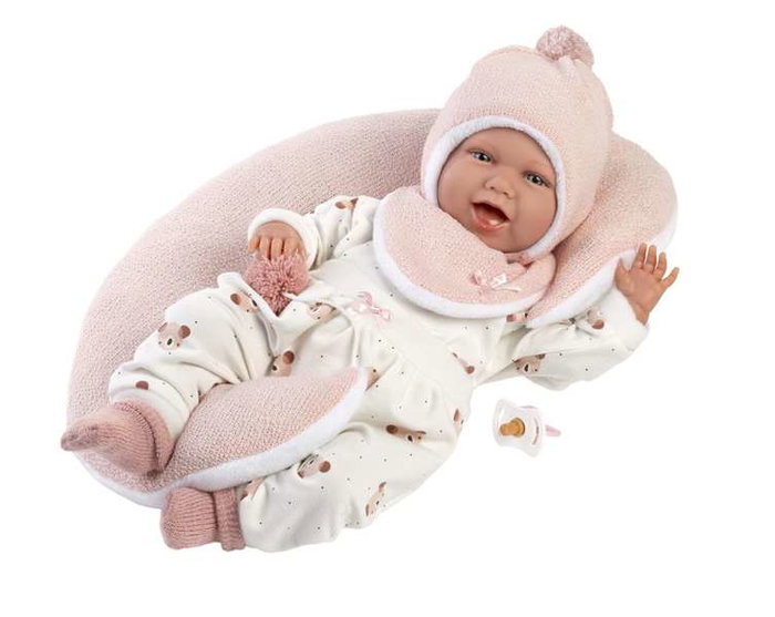 Poupée Mimi Sonrisas avec robe oursons lune rose 42 cm corps en tissu - Langue espagnole - Jeu éducatif et sonore - Marque : Llorens