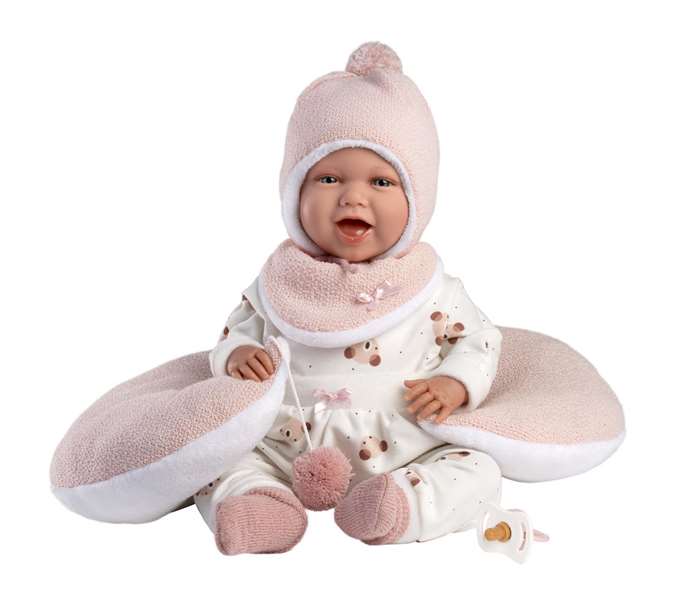 Poupée Mimi Sonrisas avec robe oursons lune rose 42 cm corps en tissu - Langue espagnole - Jeu éducatif et sonore - Marque : Llorens