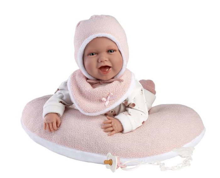 Poupée Mimi Sonrisas avec robe oursons lune rose 42 cm corps en tissu - Langue espagnole - Jeu éducatif et sonore - Marque : Llorens