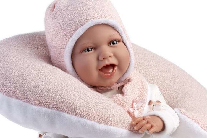 Poupée Mimi Sonrisas avec robe oursons lune rose 42 cm corps en tissu - Langue espagnole - Jeu éducatif et sonore - Marque : Llorens