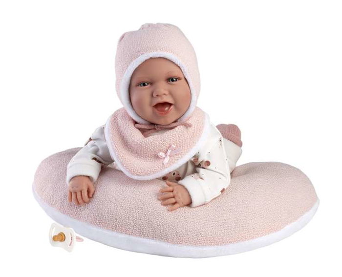 Poupée Mimi Sonrisas avec robe oursons lune rose 42 cm corps en tissu - Langue espagnole - Jeu éducatif et sonore - Marque : Llorens