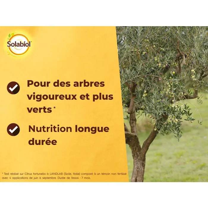 Solabiol Engrais pour Oliviers, Figuiers et Plantes Méditerranéennes - Nutrition Longue Durée - Jusqu'à 15 arbres - 750 g