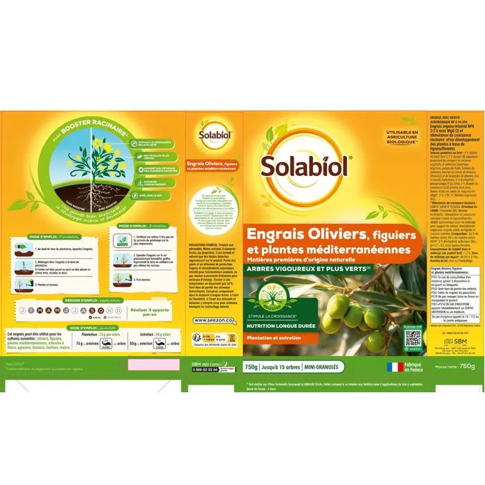Solabiol Engrais pour Oliviers, Figuiers et Plantes Méditerranéennes - Nutrition Longue Durée - Jusqu'à 15 arbres - 750 g