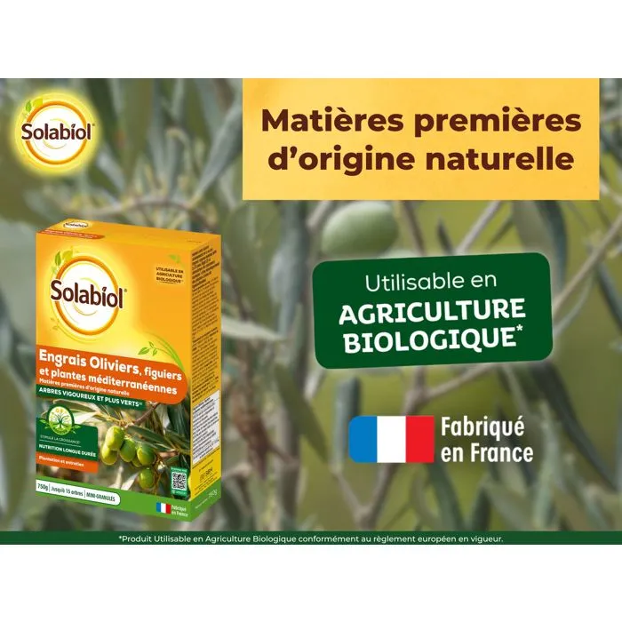 Solabiol Engrais pour Oliviers, Figuiers et Plantes Méditerranéennes - Nutrition Longue Durée - Jusqu'à 15 arbres - 750 g