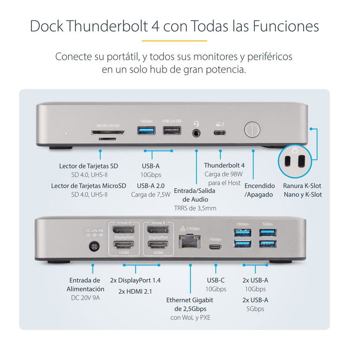 Startech Thunderbolt 4 Station d'accueil 15-en-1, 2x HDMI, 2x DisplayPort, 7x USB, Ethernet 2.5G, Charge 98W, 4 écrans 4K/8K