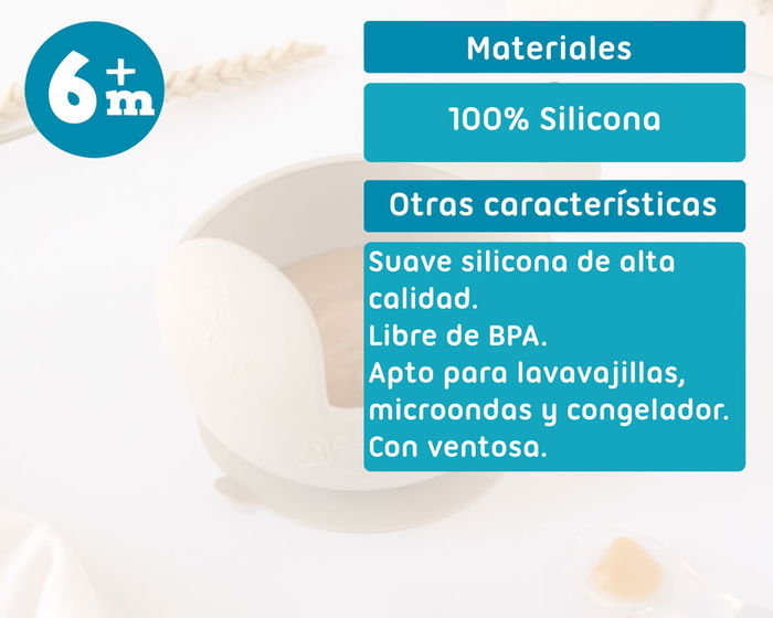 KioKids Bol en silicone anti-dérapant motif escargot pour bébé +6 mois, avec ventouse, compatible lave-vaisselle et micro-ondes, 9x17 cm, beige